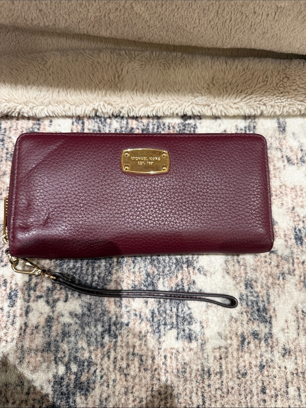 Michael Kors Merlot Pebbled Leather Zip Wristlet Wallet
